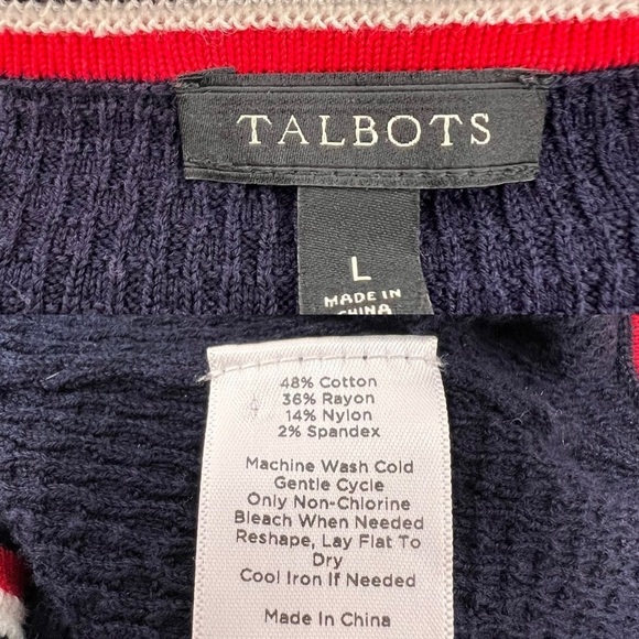Talbots Navy Blue Red White Nautical Knit Pearl Button Cardigan Pockets Size L - Picture 8 of 12